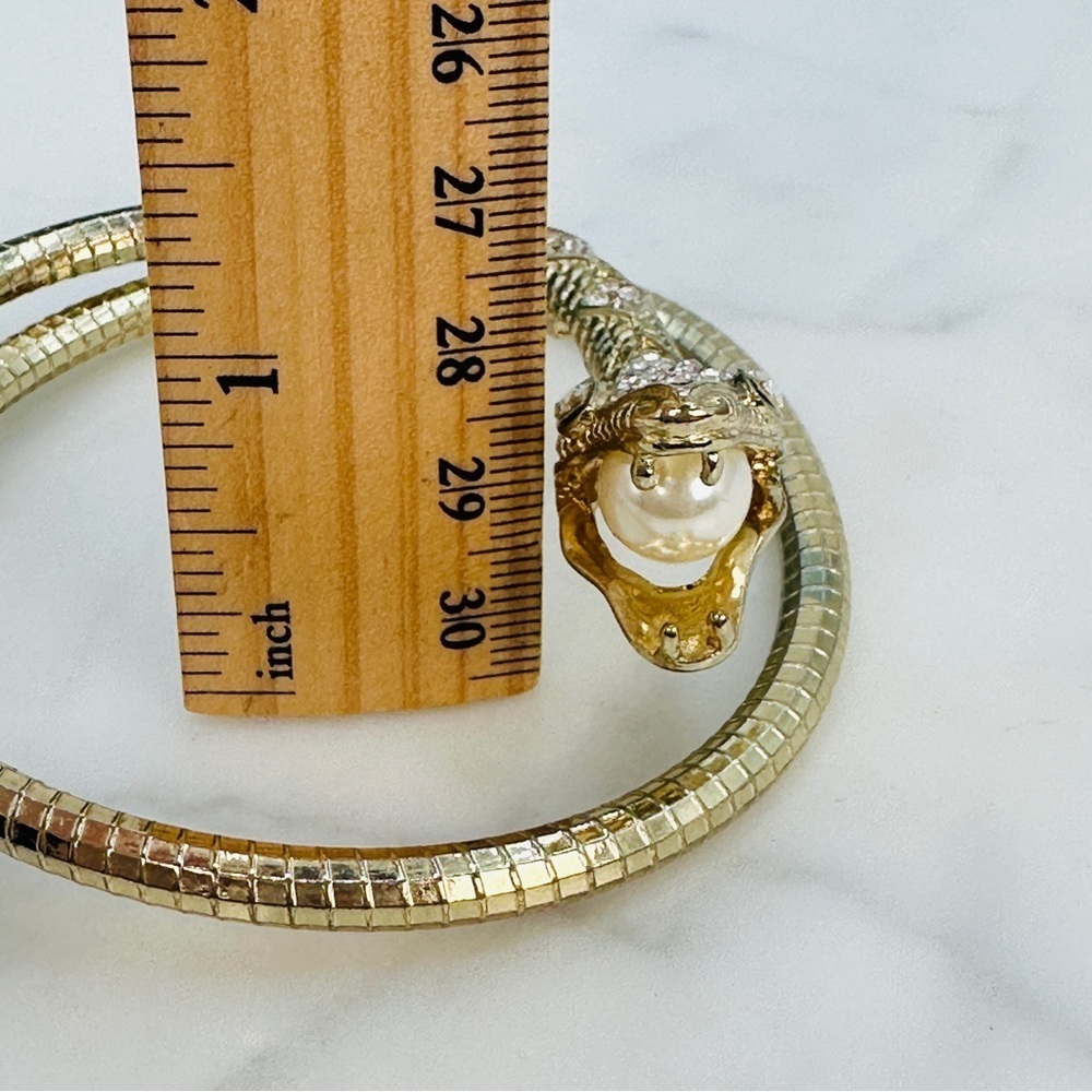 Snake Bracelet Pearl In Mouth Rhinestone Head Coiled Gold-tone Serpent Bracelet - Picture 11 of 13
